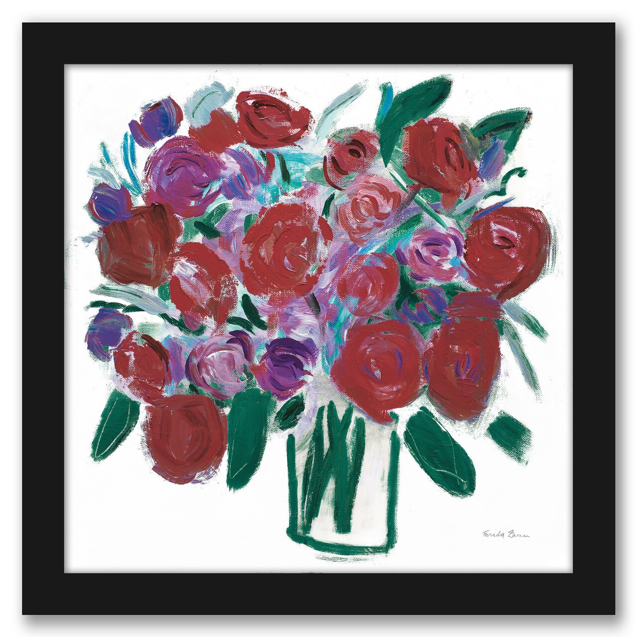 Burgundy Roses on White Wall Art by Farida Zaman Black Framed Print 11x11 - Americanflat